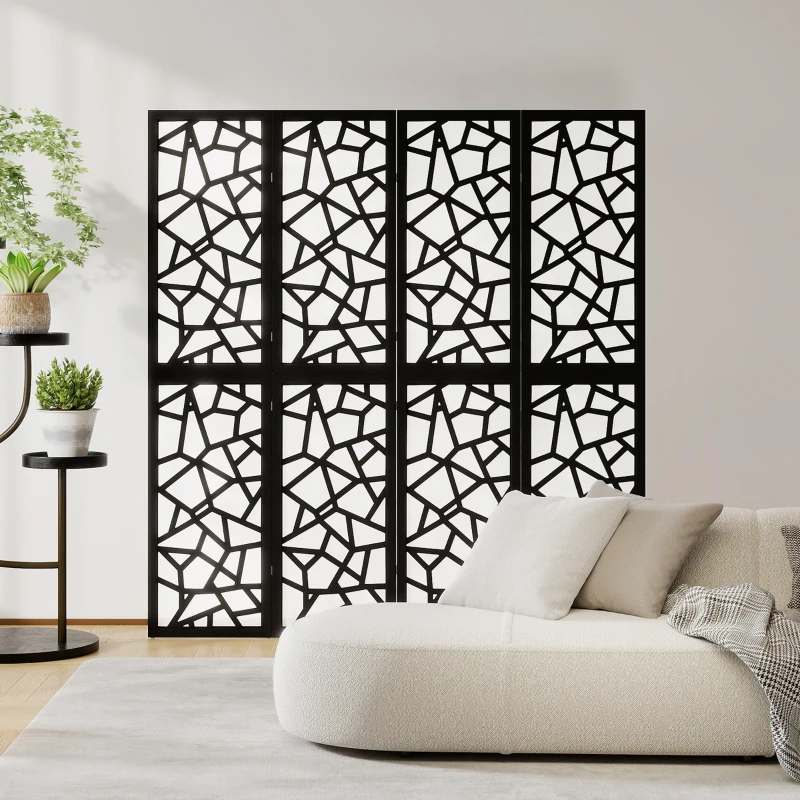 HOMCOM 4 Panel Room Divider, 5.6 FT Lightweight Folding Privacy Screen with Geometric Pattern for Living Room, Bedroom, Black
