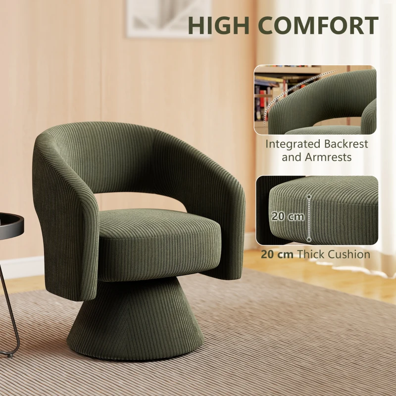 HOMCOM Swivel Barrel Accent Chair, Modern Upholstered Living Room Chair with Thick Padding for Reading, Green