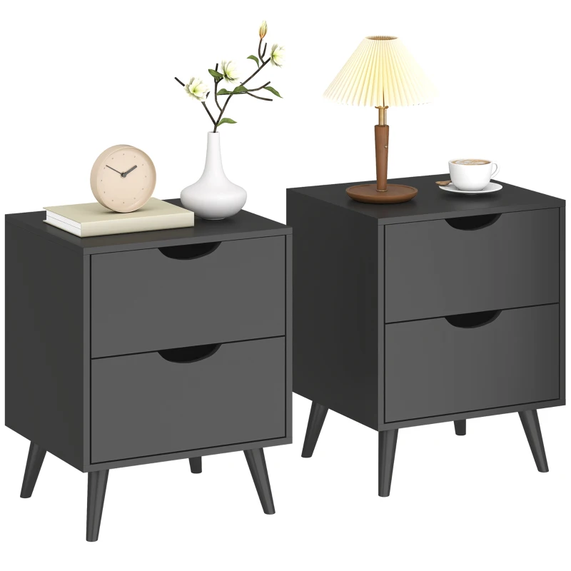 HOMCOM Modern Bedside Table Set of 2, Nightstand with 2 Drawers and Pine Wood Legs for Bedroom, Living Room, Black