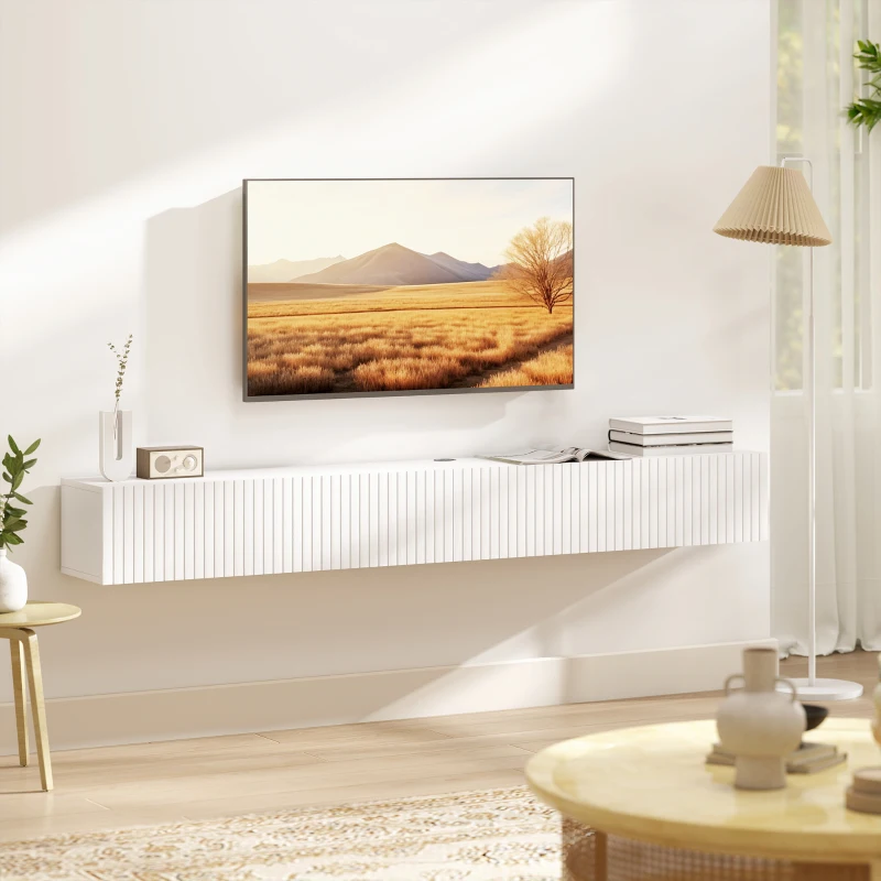 HOMCOM 71" Floating TV Stand for TVs up to 72 Inch, Wall Mount Media Console with 2 Fluted Flip-Down Doors, Cable Hole, White