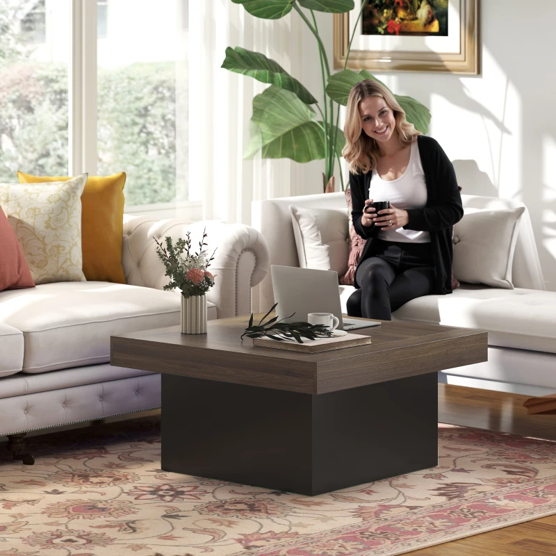 HOMCOM Square Coffee Table with 16-Colour LED Lights, 35-inch Modern Center Table for Living Room, Walnut