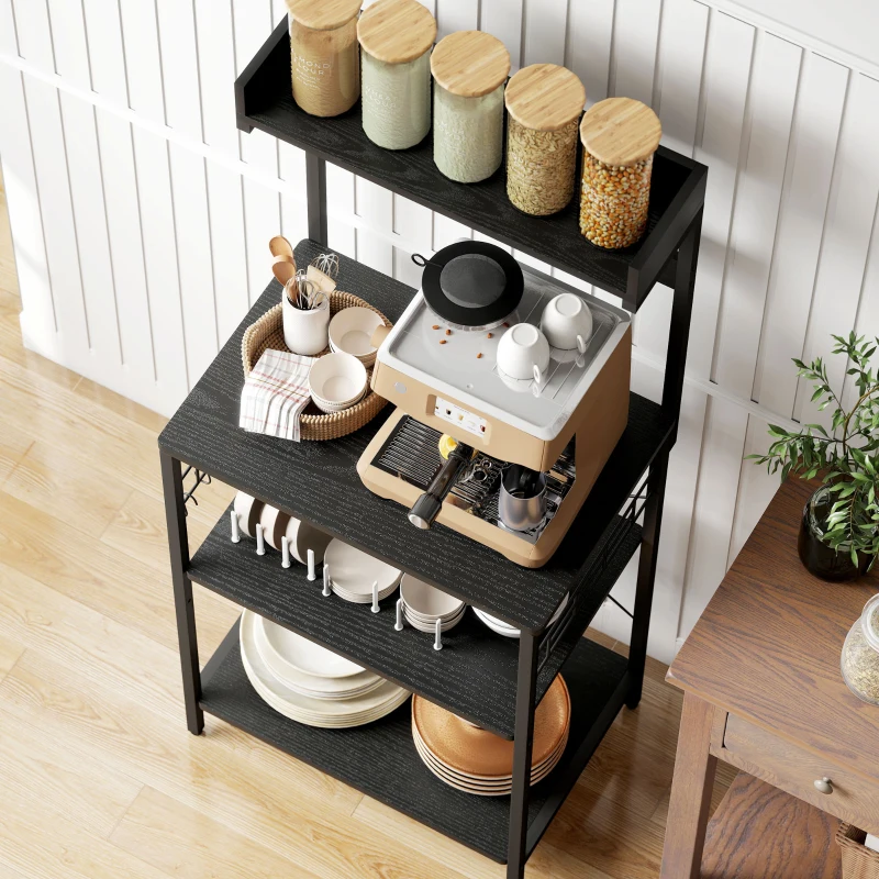 HOMCOM Kitchen Baker's Rack with Power Outlet, Coffee Bar Station with Adjustable Shelves and Hooks, Distressed Black