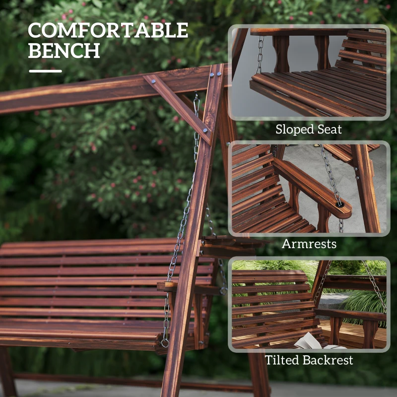 Outsunny 3 Seat Wooden Porch Swing with Stand, Patio Swing with Side Tables, for Garden, Poolside, Backyard, Carbonized Brown