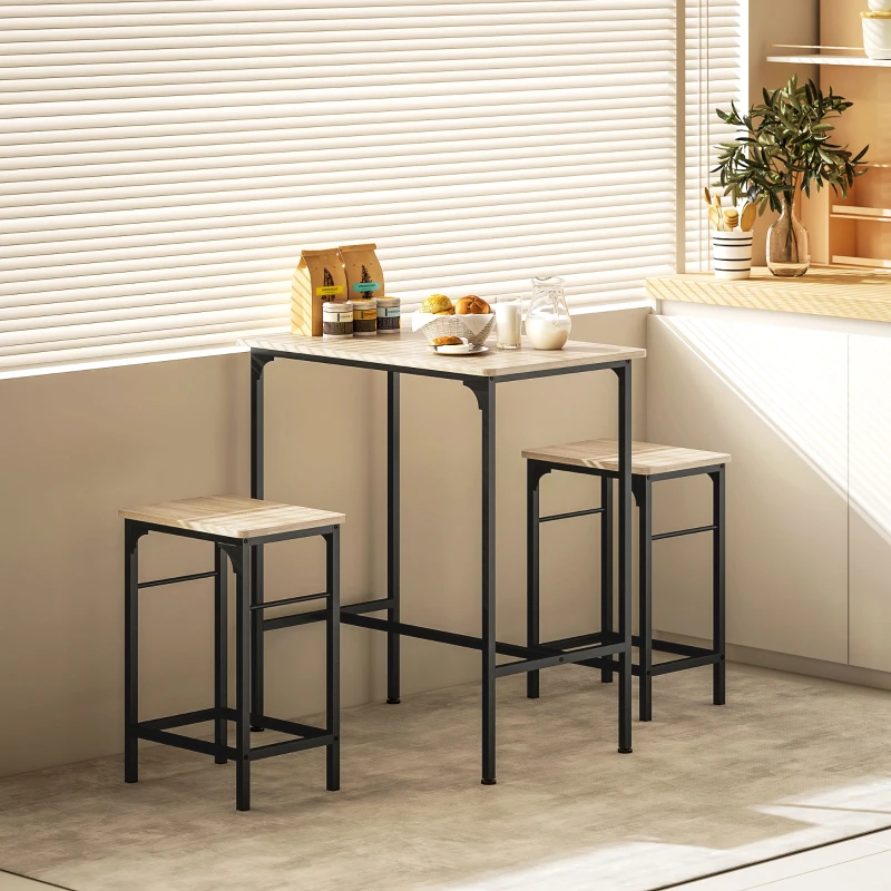 HOMCOM 3-Piece Dining Table Set for 2, Bar Table and 2 Stools for Kitchen, Living Room, Dining Room, Small Space, Natural Wood