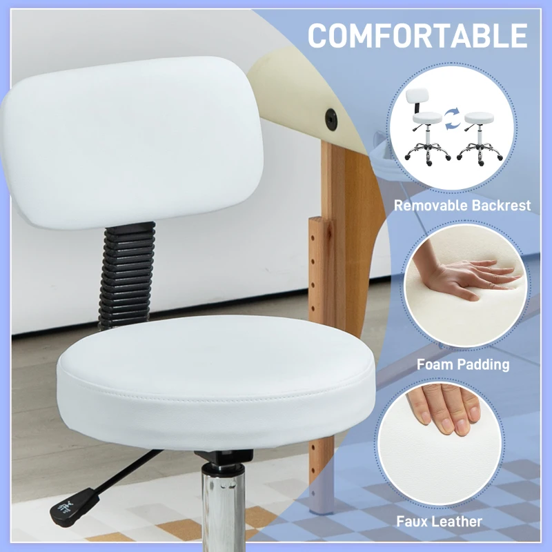 HOMCOM Adjustable Rolling Stool with Removable Backrest, Faux Leather Swivel Stool Chair for Salon Spa, Bar, Massage, White