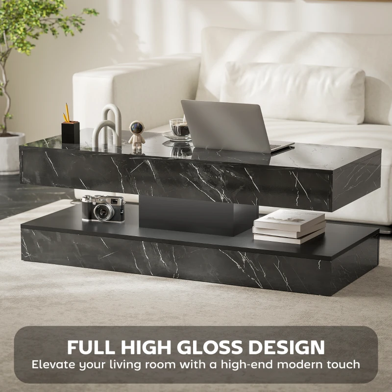 HOMCOM Coffee Table with Adjustable LED Lights, Center Table with 2 Drawers, Open Shelf, Remote, High Gloss Marble-Effect Black