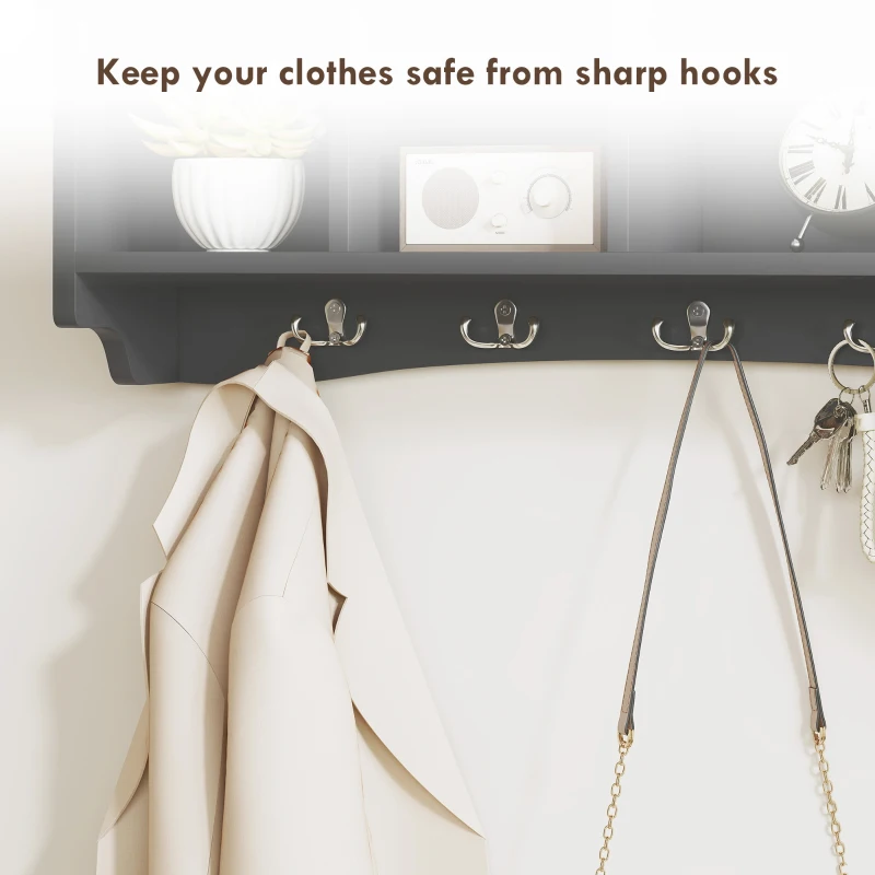 HOMCOM Coat Rack Wall Mount with Shelf, 28" Wall Coat Rack with 5 Hooks and 4 Compartments for Living Room, Entryway, Black