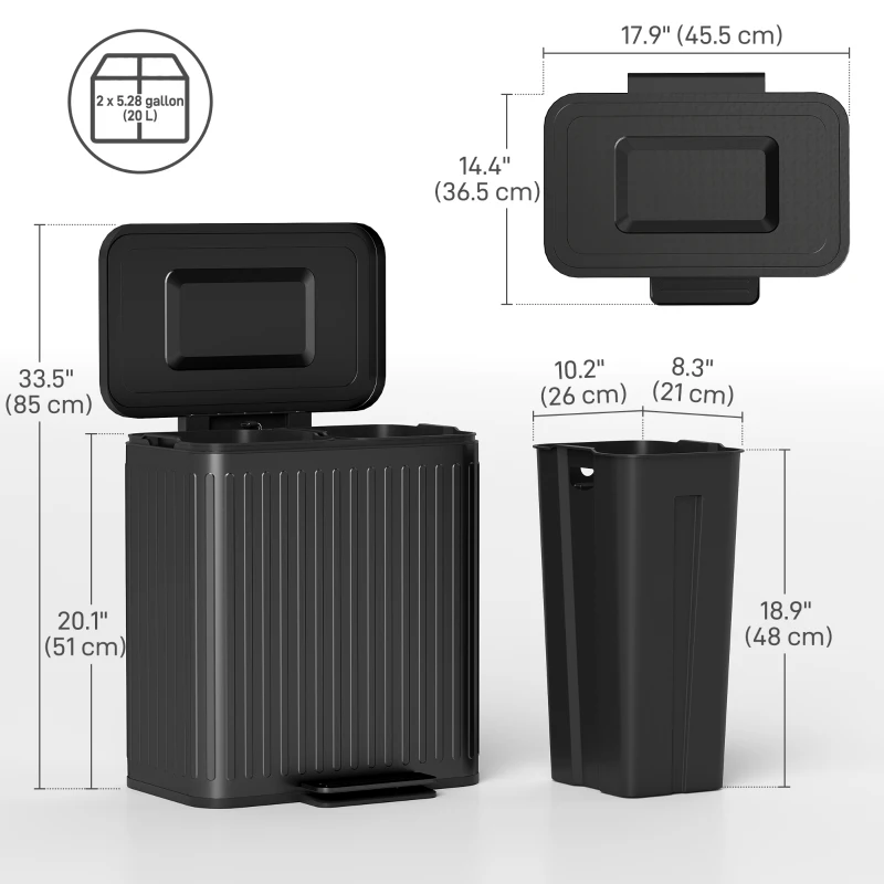 HOMCOM Trash Can, 2 x 5.3 Gallon (2 x 20 L) Garbage Can with Soft-Close Lid, Removable Inner Buckets for Kitchen Home Office
