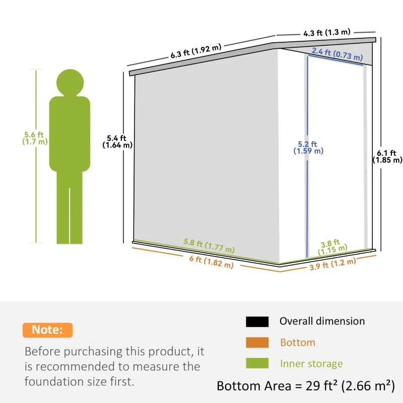 Outsunny 4.3' x 6.3' Outdoor Storage Shed Lean to Shed Outdoor Metal Tool Shed with Lockable Door and Air Vents, White