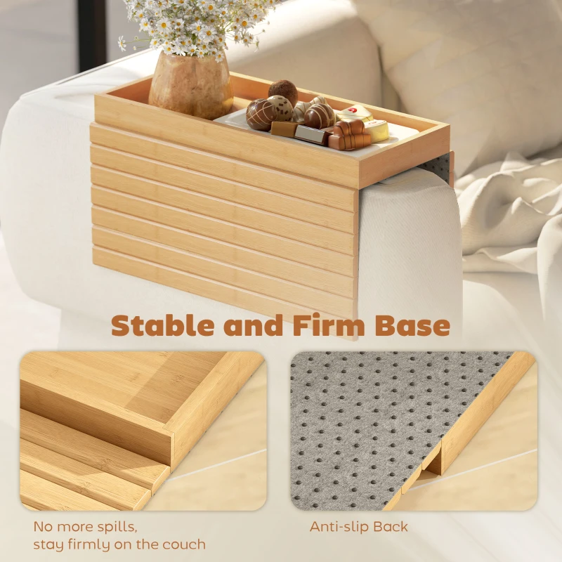 HOMCOM Bamboo Couch Arm Tray, Sofa Armrest Tray with Flexible Roll-up Design and Wide Compartment, Natural