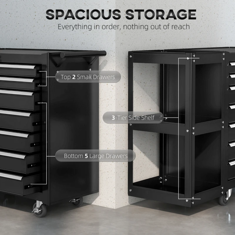 HOMCOM 7-Drawer Rolling Tool Chest with Detachable Side Shelf, Lockable Tool Cabinet Box Organizer with Wheels, Black