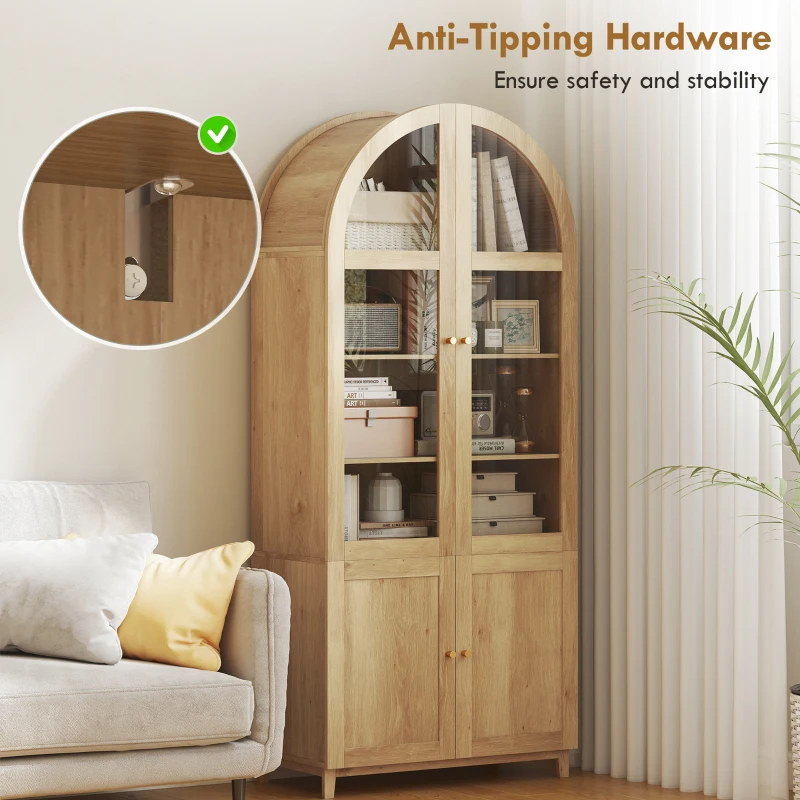 HOMCOM Arched Kitchen Pantry Cabinet, 71" Tall Farmhouse Kitchen Storage Cabinet with Adjustable Shelves, Acrylic Doors, Oak