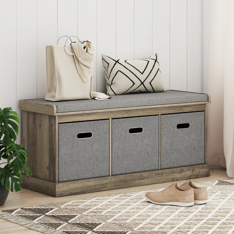 HOMCOM Shoe Storage Bench with Seat, Entryway Bench Seat with Cushion, 3 Fabric Drawers for Hallway, Washed Grey