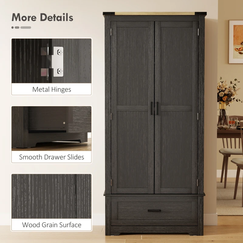 HOMCOM 69" Tall Farmhouse Kitchen Pantry Cabinet with 2 Doors, Drawer and Adjustable Shelves, Black and Brown