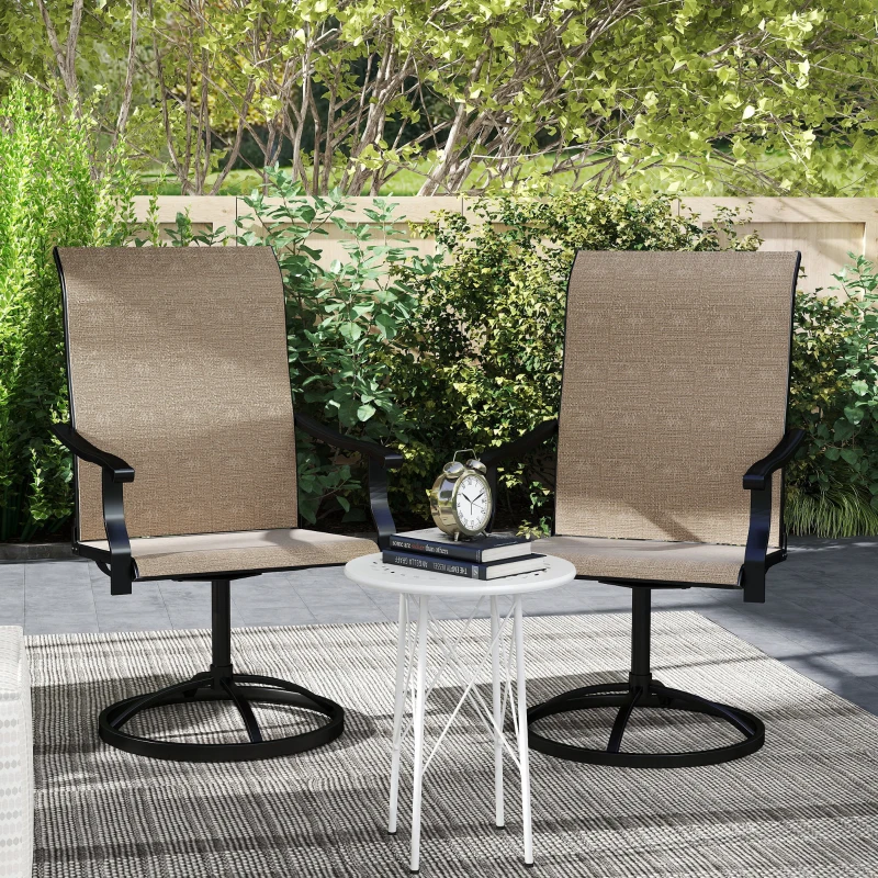Outsunny Outdoor Swivel Dining Chairs Set of 2, High Back Swivel Chairs with All Weather Mesh for Deck, Backyard, Poolside, Brown