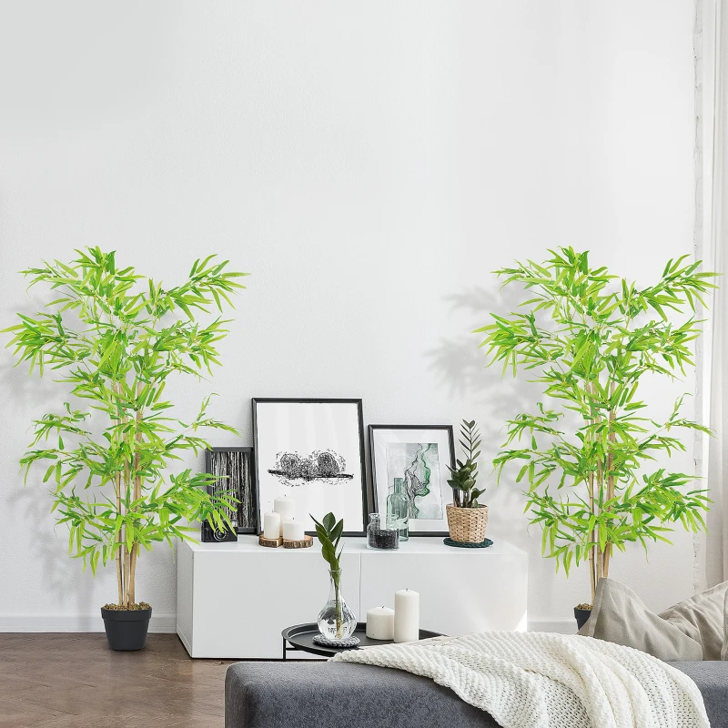 Outsunny Artificial Bamboo Tree Set of 2, 5ft Fake Tree with Realistic Leaf and Natural Trunk, Decorative Plant in Nursery