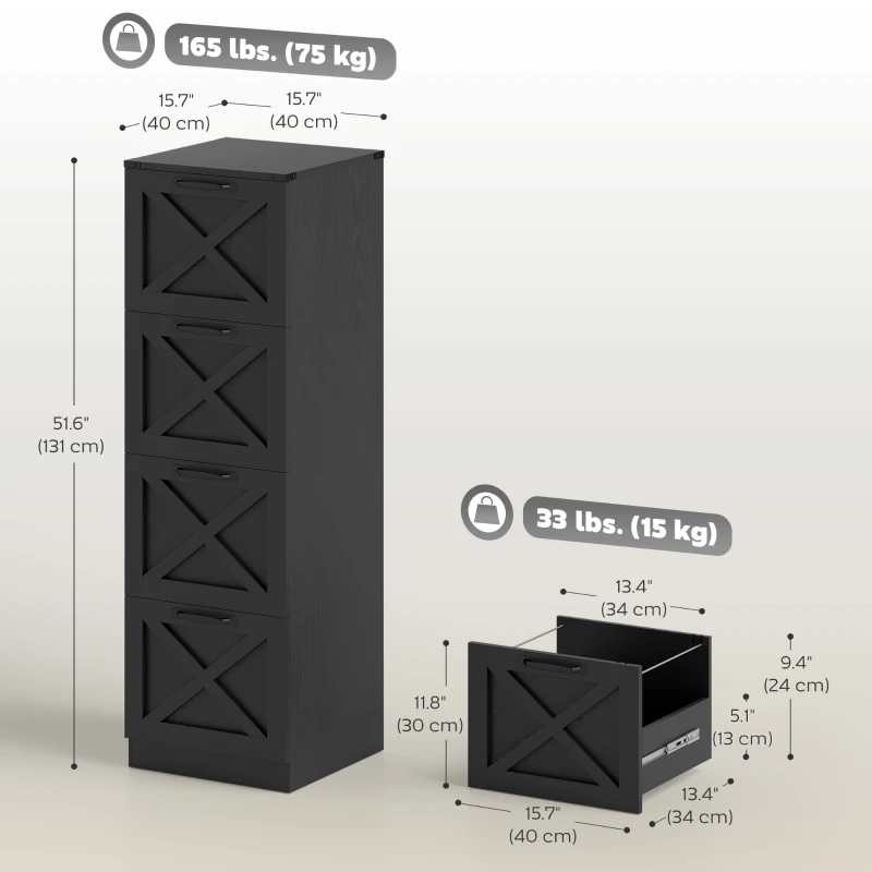 HOMCOM 4 Drawer File Cabinet with Silent Slides, Vertical Farmhouse Filing Cabinet Fits Letter/A4 Size Home Office, Black