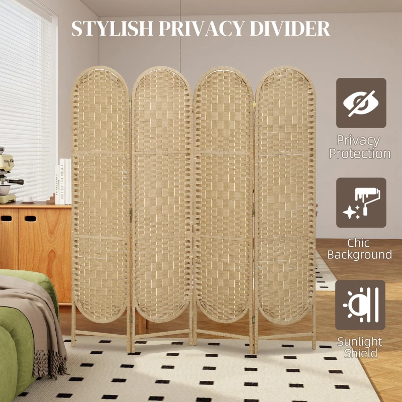 HOMCOM Bohemian Privacy Screen, Folding Room Divider with 4 Panels and Arched Top for Bedroom Living Room Office, Natural Wood