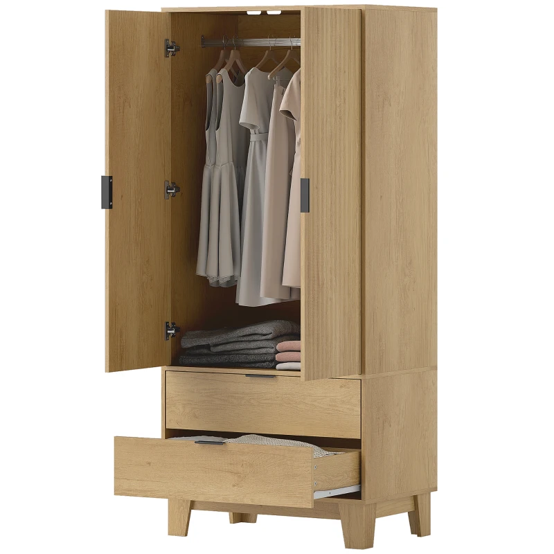 HOMCOM Modern Wardrobe Closet, Freestanding Armoire with Soft-Close Doors, 2 Drawers and Hanging Rod for Bedroom, Natural