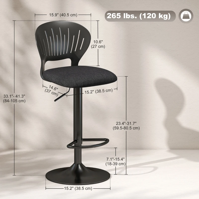 HOMCOM Bar Stools Set of 2, Modern Swivel Counter Height Barstools with Footrest and Hollow Backrest, Black