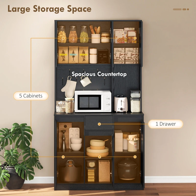 HOMCOM 71" Pantry Cabinet with Charging Station, Kitchen Storage Cabinet with Microwave Stand, Pegboard, 6 S-hooks, Black