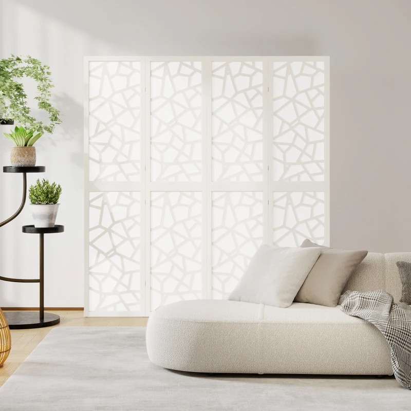 HOMCOM 4 Panel Room Divider, 5.6 FT Lightweight Folding Privacy Screen with Geometric Pattern for Living Room, Bedroom, White
