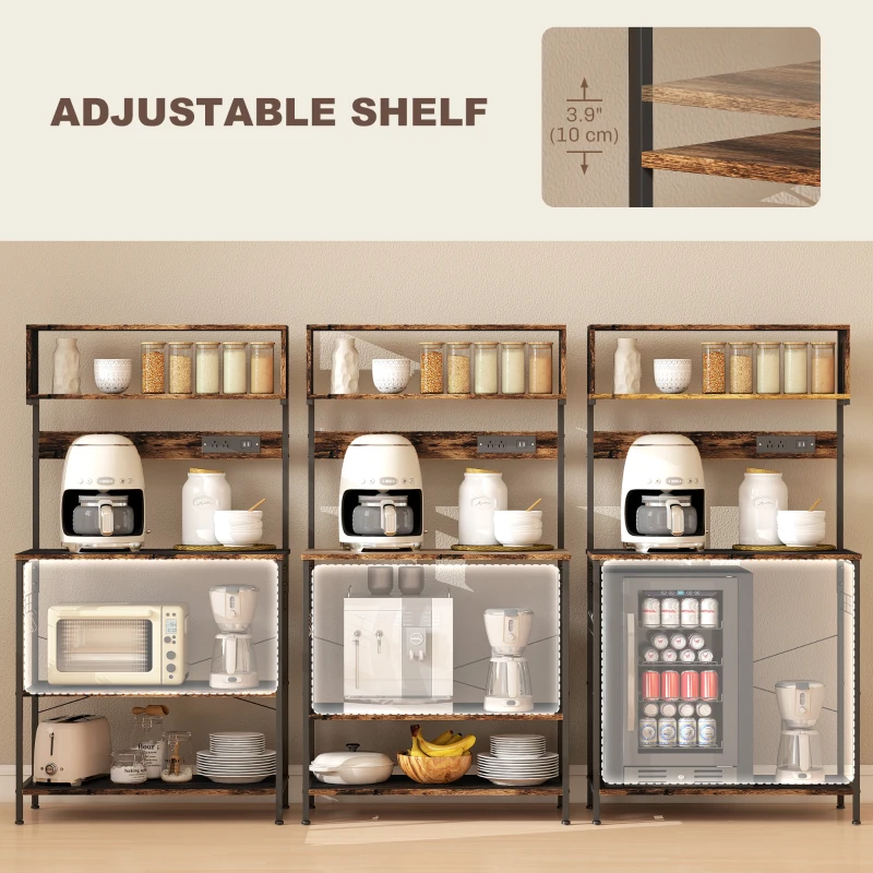 HOMCOM Baker's Rack with Charing Station, Microwave Shelf with Power Outlet, USB Charger and 5 Hooks, Rustic Brown