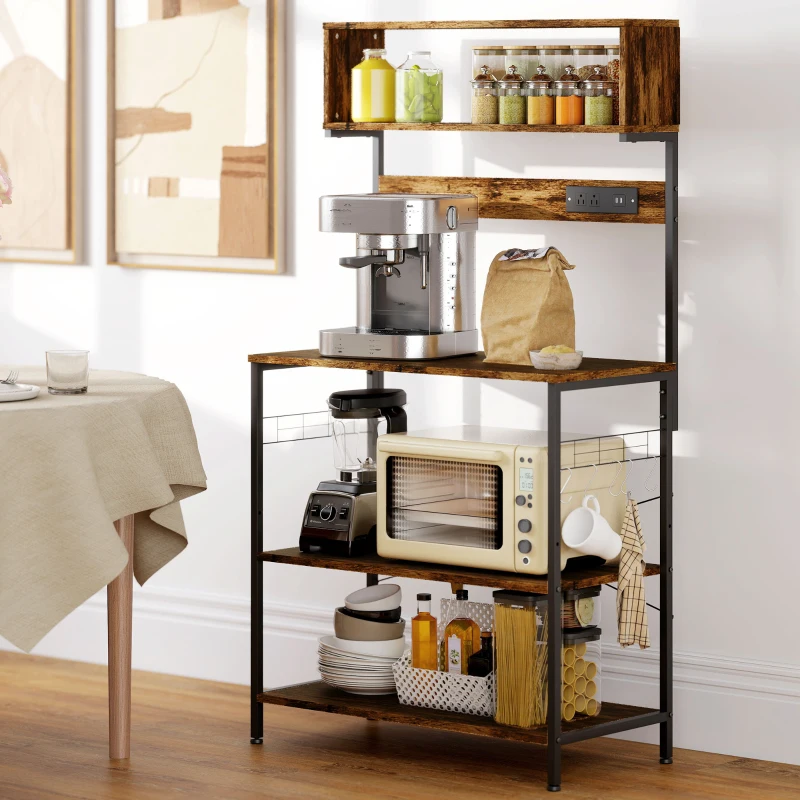 HOMCOM Baker's Rack with Charing Station, Microwave Shelf with Power Outlet, USB Charger and 5 Hooks, Rustic Brown