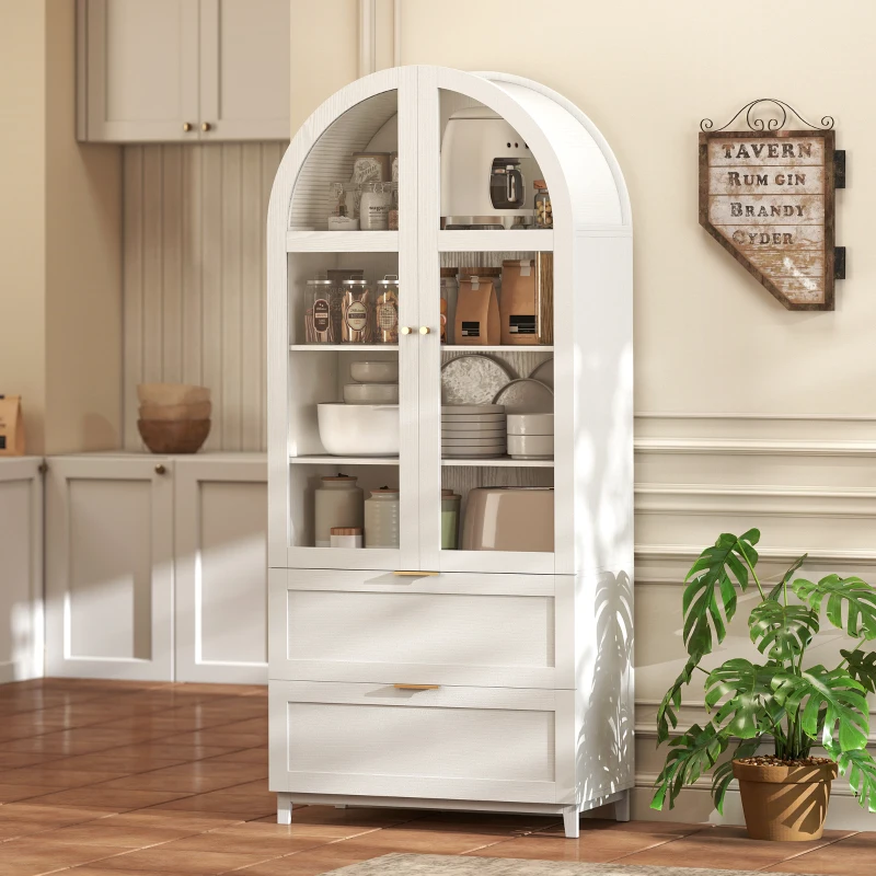 HOMCOM Arched Kitchen Pantry Cabinet, 71" Tall Farmhouse Kitchen Storage Cabinet with Shelves, 2 Drawers, Acrylic Doors, White