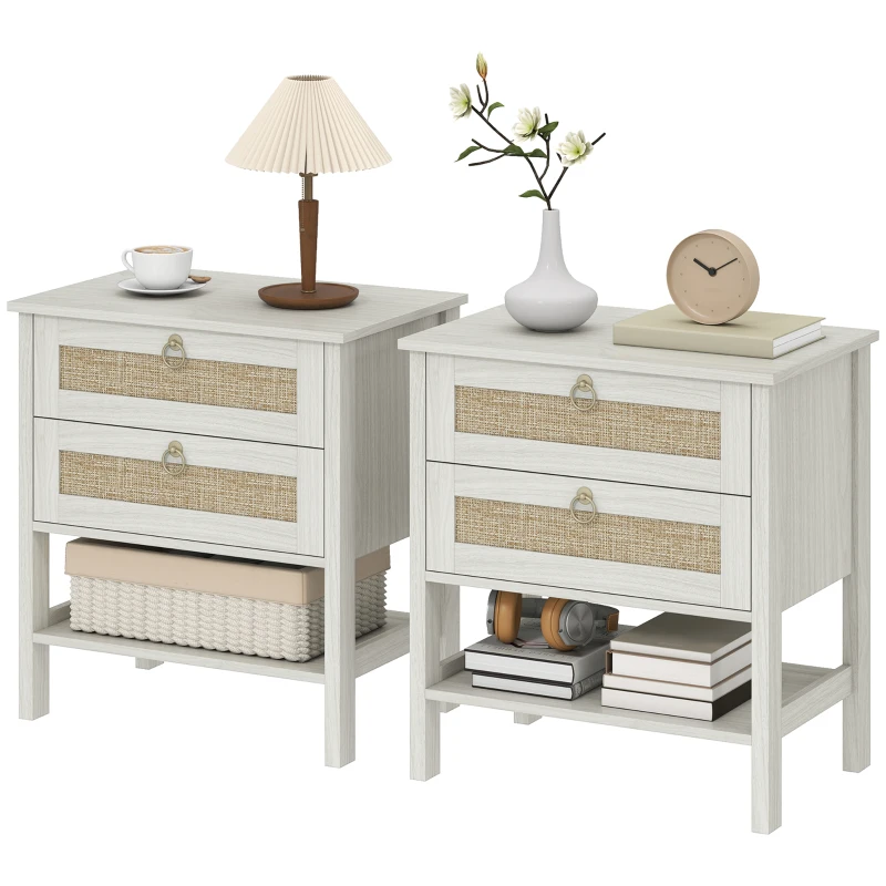 HOMCOM Set of 2 Boho Bedside Tables, Rattan Nightstands with 2 Drawers, Storage Shelf, End Side Tables for Bedroom, White Oak