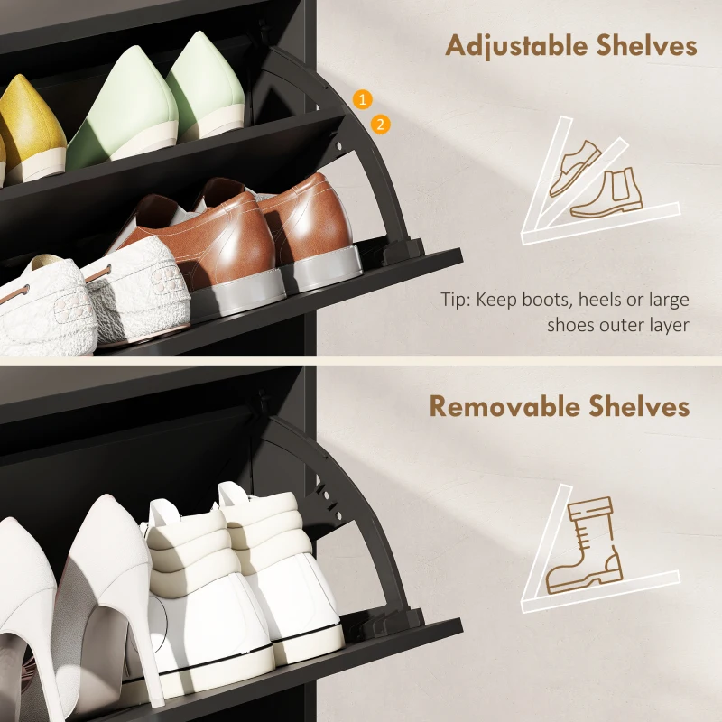 HOMCOM Narrow Shoe Cabinet, Shoe Storage Cabinet with 4 Flip Drawers and Adjustable Shelves for 16 Pairs of Shoes, Black