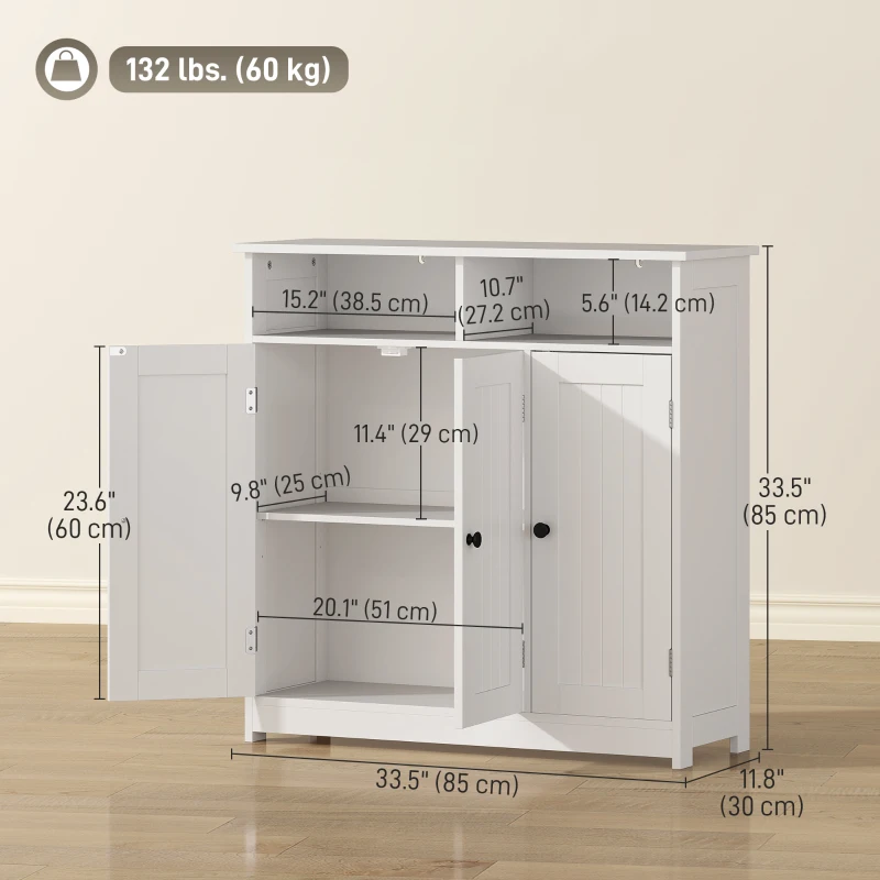 HOMCOM Bathroom Floor Cabinet, Freestanding Bathroom Storage Unit with 3 Doors, 2 Open Shelves and Adjustable Shelf, White
