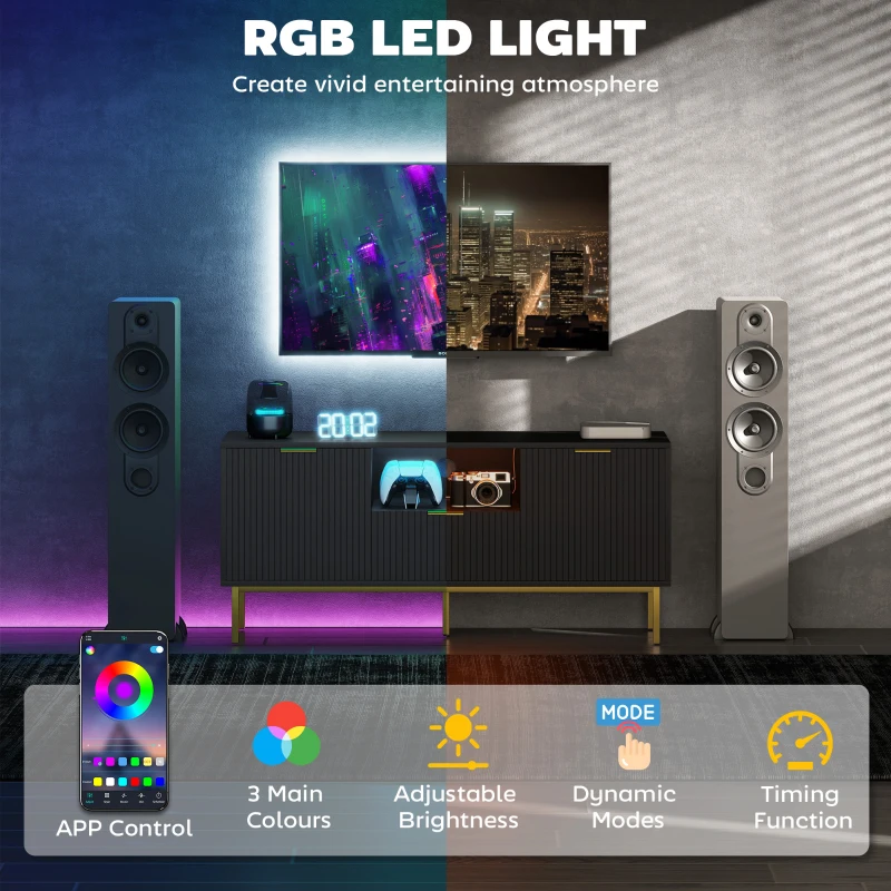 HOMCOM Modern TV Console for TVs up to 40 Inch, Entertainment Center with Smart RGB LED Lights and Soft Close Doors, Black