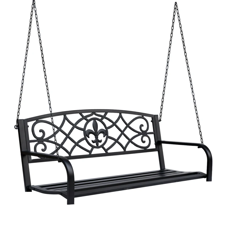 Outsunny 50"L Steel Porch Swing Fleur-De-Lis Patio Swing Chair Hanging Bench Outdoor 2-person Glider Chair Seat w/ Chain Antique Style Black