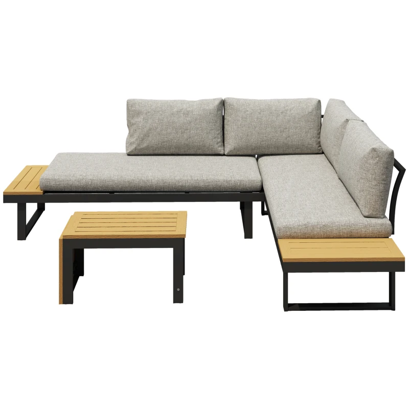 Outsunny 3 Pieces Aluminum Corner Patio Furniture Set Sectional Outdoor Sofa Set with 2 Loveseats Wood-Plastic Coffee Table
