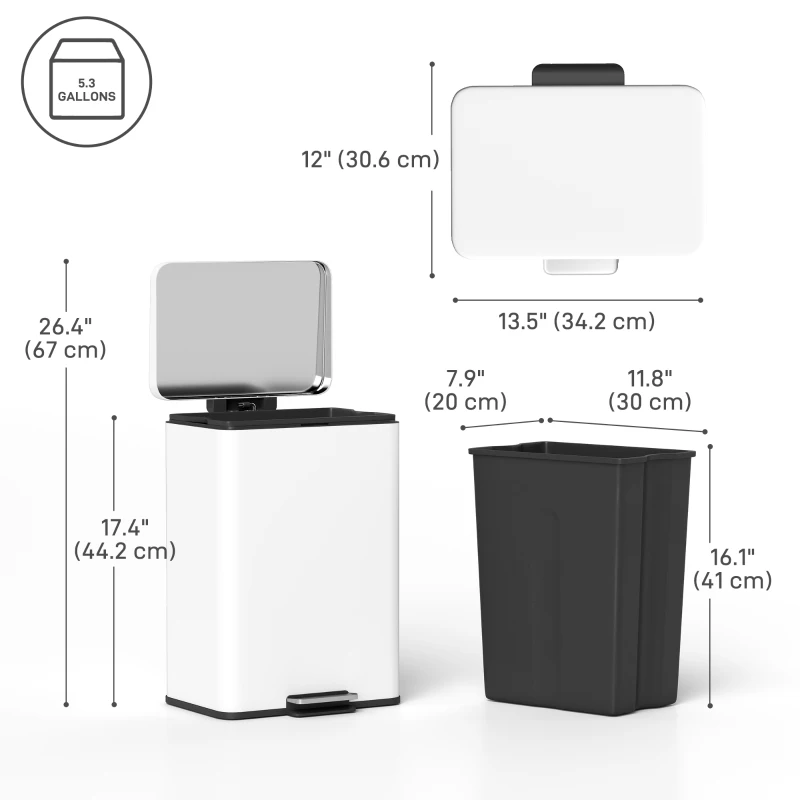 HOMCOM 5.3 Gallon/20 L Garbage Bin with Soft Close Lid, Trash Can with Removable Inner Bucket for Kitchen, Office, Cream White