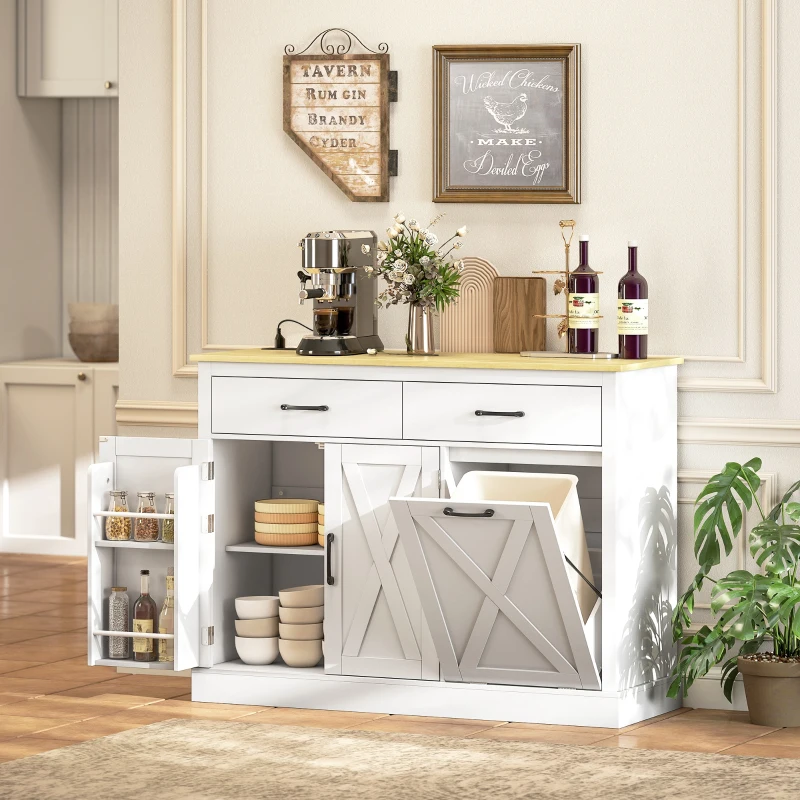 HOMCOM 7 Gallon Tilt Out Garbage Cabinet, Kitchen Island with Charging Station, 2 Drawers, 4 Door Racks, White