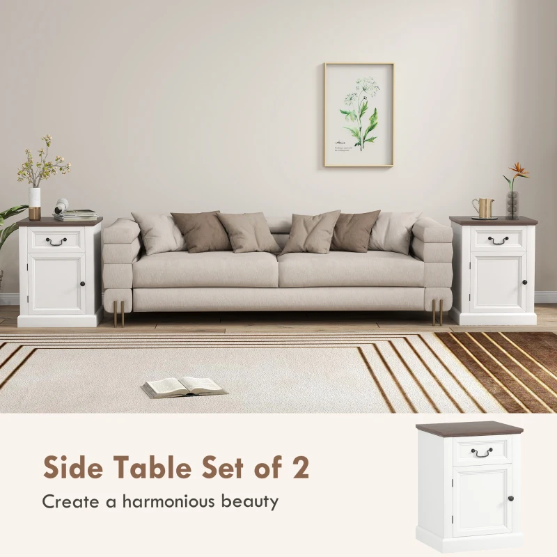 HOMCOM Side Table Set of 2, End Tables with Drawer and Cabinet, Nightstands for Small Spaces, Living Room, White
