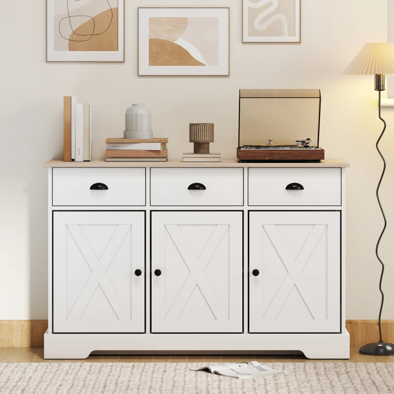 HOMCOM 46.5" Buffet Cabinet, Farmhouse Sideboard with 3 Barn Doors and 3 Drawers for Living Room, Kitchen, White