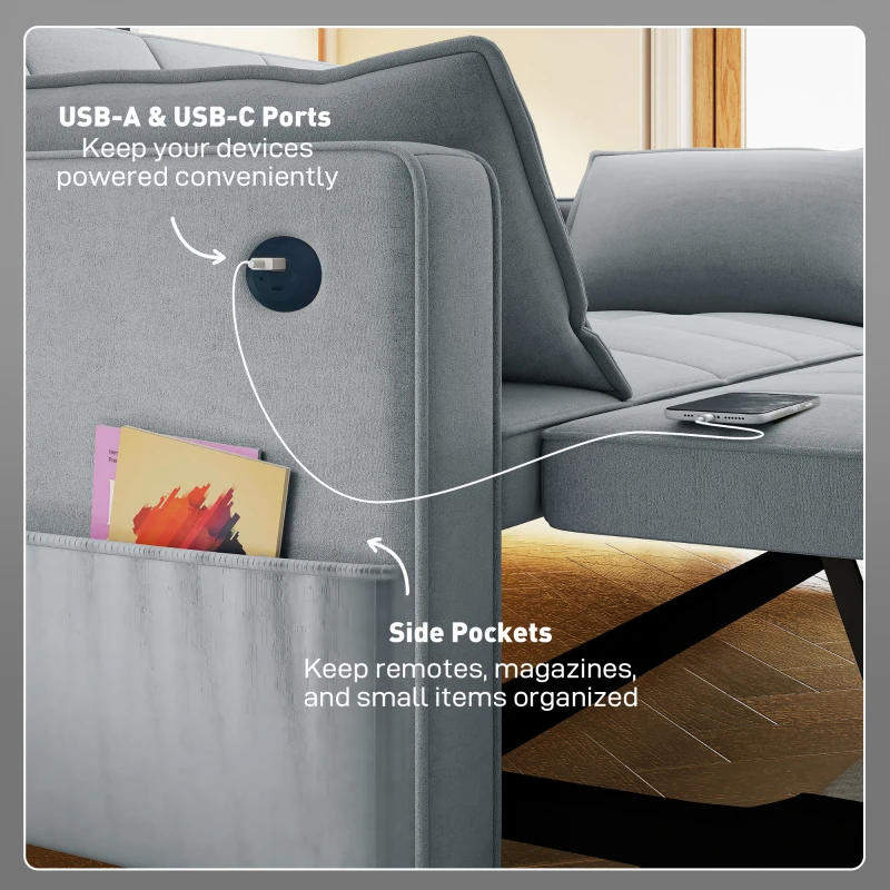 HOMCOM 3‑in‑1 Convertible Sofa Bed, Pull Out Sleeper Sofa with USB Charging, Adjustable Backrest, Side Pockets, Light Grey