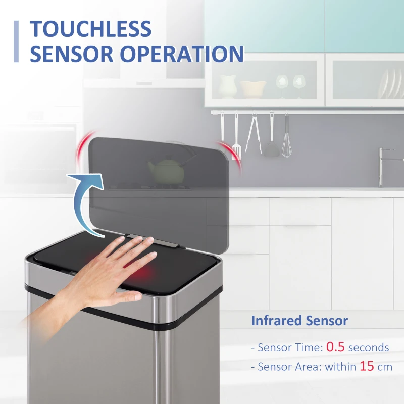 HOMCOM Sensor Trash Can, 19 Gallon Stainless Steel Kitchen Garbage Can with 3 Compartments, Removable Inner Buckets, Silver