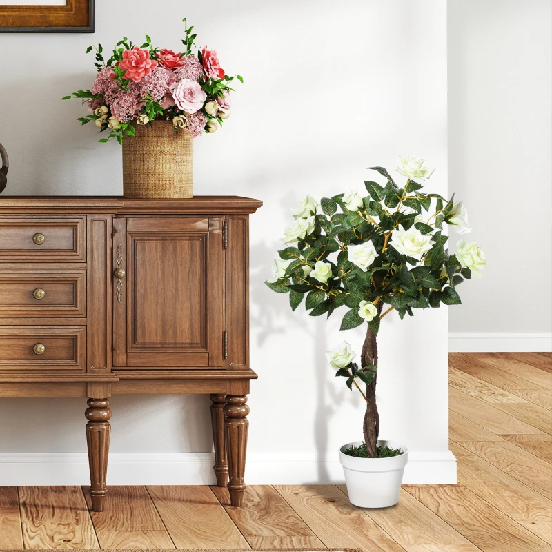 Outsunny 3FT Artificial Plant White Rose Floral in Pot, Fake Plant for Home Indoor Decor