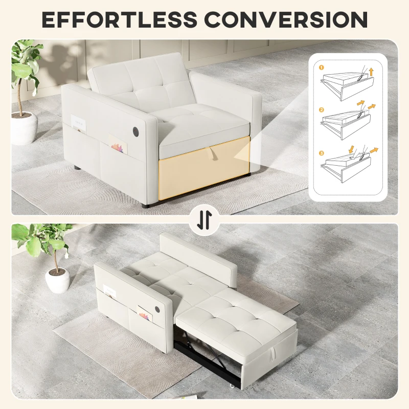 HOMCOM Convertible Chair Bed, Pull Out Sleeper Chair with USB, Adjustable Backrest, Small Velvet Futon Sofa Bed, Cream White