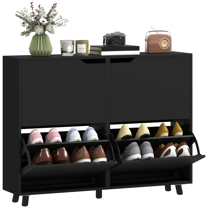 HOMCOM Narrow Shoe Cabinet, Shoe Storage Cabinet with 4 Flip Drawers and Adjustable Shelves for 16 Pairs of Shoes, Black