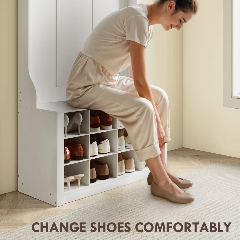 HOMCOM 4-In-1 Hall Tree with Bench and Shoe Storage, Farmhouse Coat Rack Shoe Bench with 12 Shoe Cubbies, 6 Hooks, White