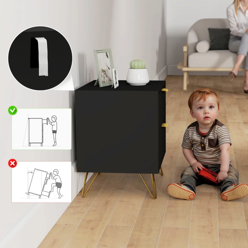 HOMCOM Modern Bedside Table, Accent Nightstand with 2 Drawers, Bed End Table for Bedroom, Black