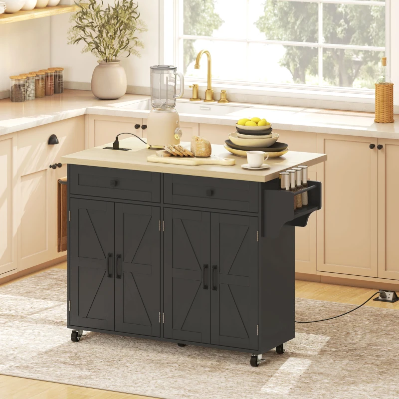 HOMCOM Kitchen Island with Storage, Rolling Kitchen Cart with Charging Station, Drop Leaf, Spice Rack, Towel Rack, Drawers