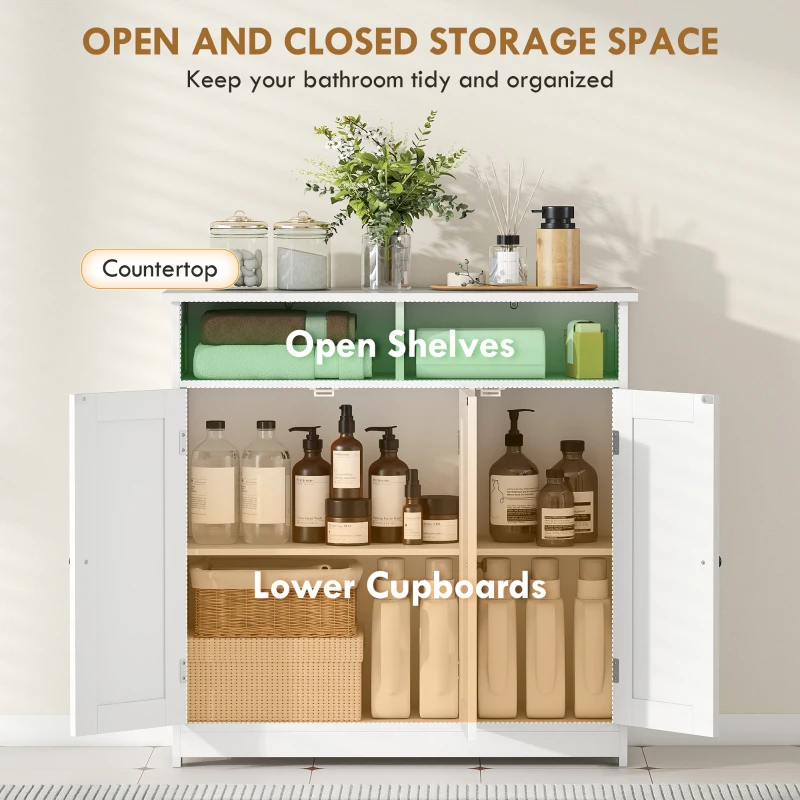 HOMCOM Bathroom Floor Cabinet, Freestanding Bathroom Storage Unit with 3 Doors, 2 Open Shelves and Adjustable Shelf, White