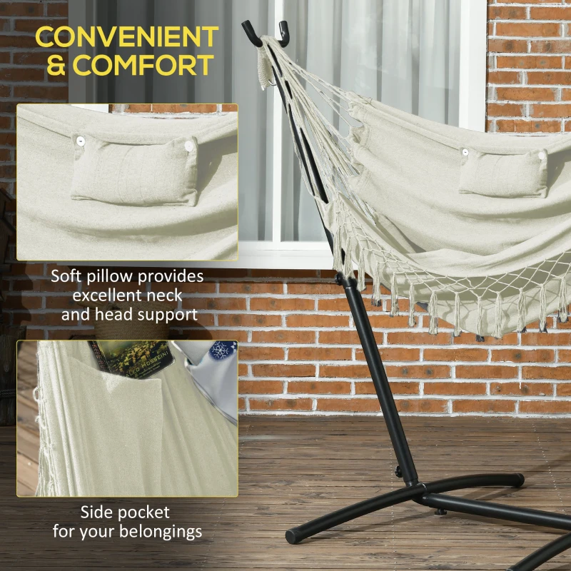 Outsunny Patio Hammock Chair with Stand, Outdoor Hammock Swing Hanging Lounge Chair with Side Pocket and Headrest, Cream