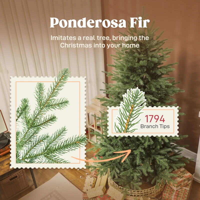 HOMCOM 6 ft Artificial Christmas Tree with Dense Realistic Branches, Full Ponderosa Fir, Hinged Xmas Tree, Easy Assembly